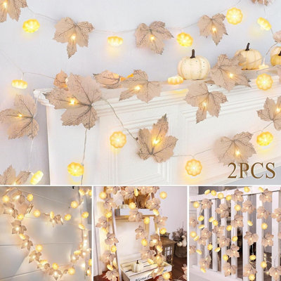 Fall Decorations For Home, 2 Pack Fall Garland With Maples Leaf & 3D Pumpkin Lights Total 20Ft 60LED Battery Operated Enlarged Maples Leaves Pumpkin String Light For Thanksgiving Indoor Outdoor
