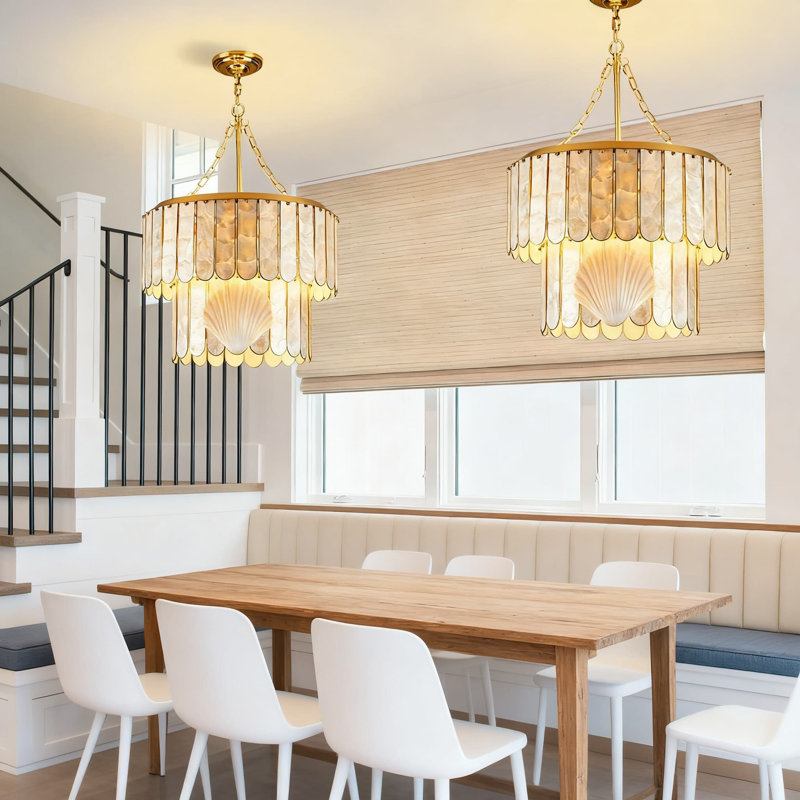 Modern Capiz Shell Chandelier With Dual-Tier Design, Gold Finish Ceiling Light Fixture For Living Room, Bedroom, Kitchen Or Entryway