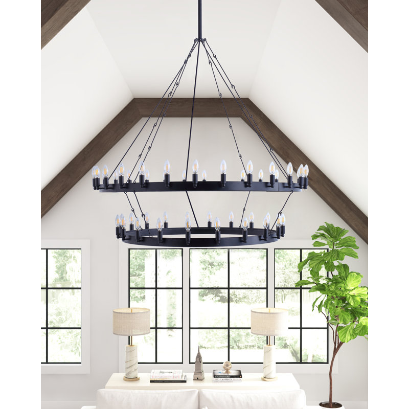 Luminaire suspendu en forme de roue à 2 niveaux avec ampoule E12 et 48 lumières Brisa, H 108,26 po x l 55,11 po x P 55,11 po