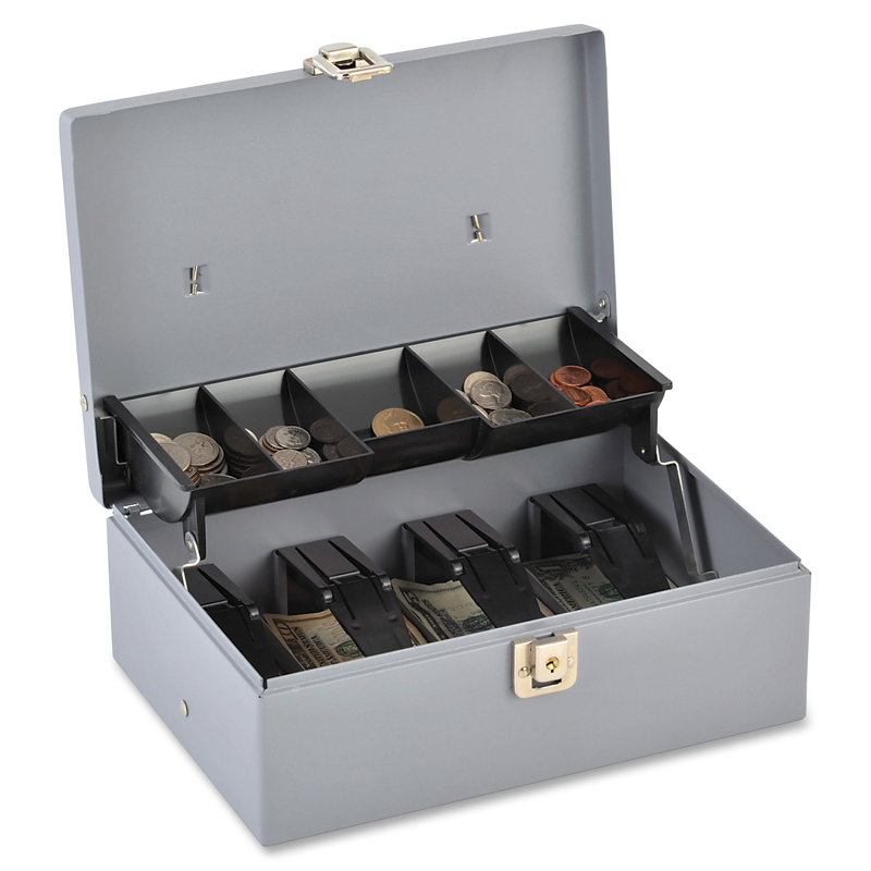 Gray Steel 5-Compartment Tray Cash Box with Keys