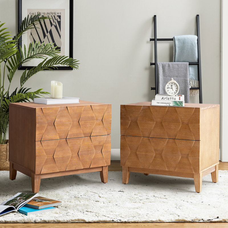 Isabele Midcentury Modern 26''W 2-Drawer End Table with Charging Station and Solid Wood Legs, Seadrift