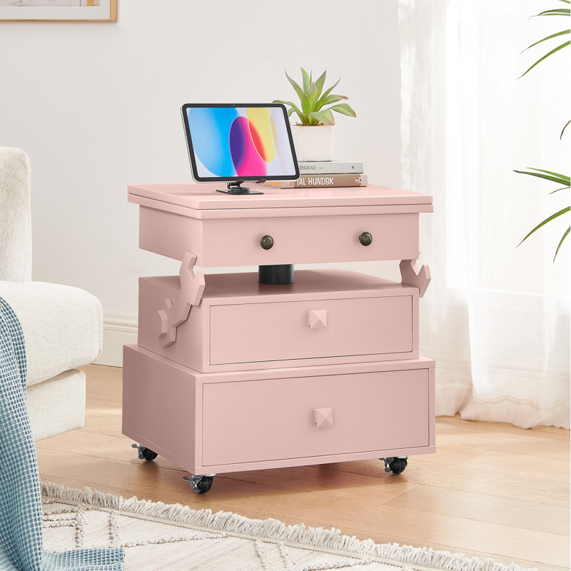 Table de bout roulante à hauteur ajustable laquée ultrabrillante avec station de charge et roues universelles avec freins, table à plateau relevable multifonctionnelle avec tiroirs de rangement pour la chambre à coucher du salon