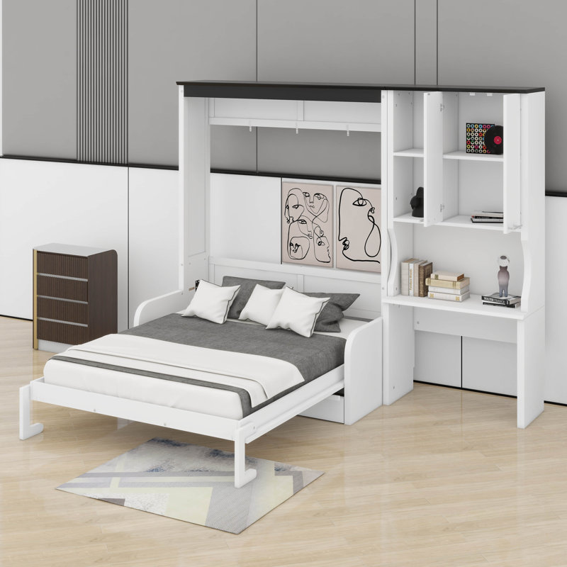 Lit escamotable double avec canapé, bureau et armoire, Lit double