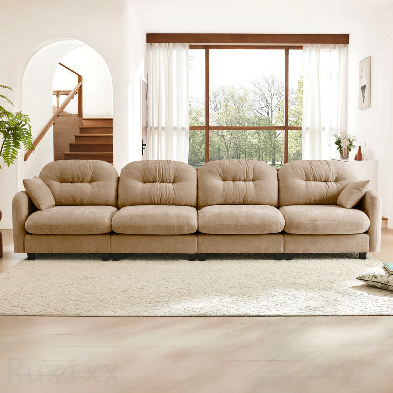 Canapé pour 4 personnes idéal pour recevoir des invités Canapé modulaire à quatre places modulaire, tissu en chenille de qualité supérieure, avec 2 coussins décoratifs, dossier capitonné, mousse à haute densité facile à installer, convient aux chambres à coucher, aux salons, aux coins lecture, au chameau