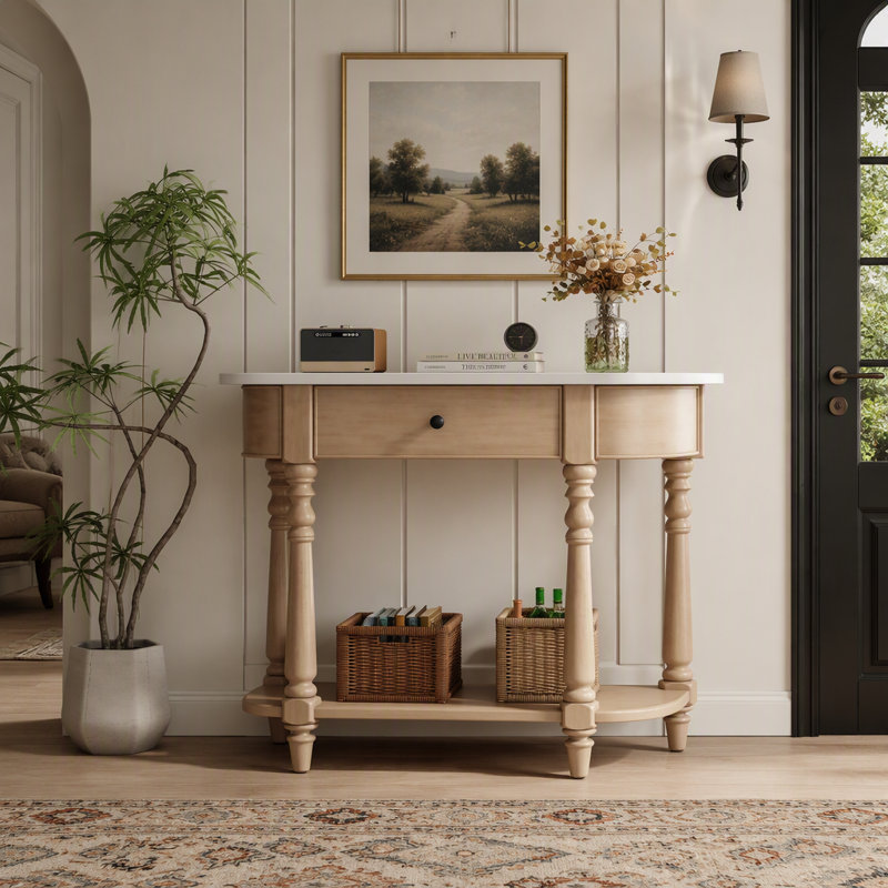 Console étroite avec coins arrondis, table de hall d'entrée rétro avec tiroir supérieur et tablette ouverte, table de canapé pour les couloirs et les salons