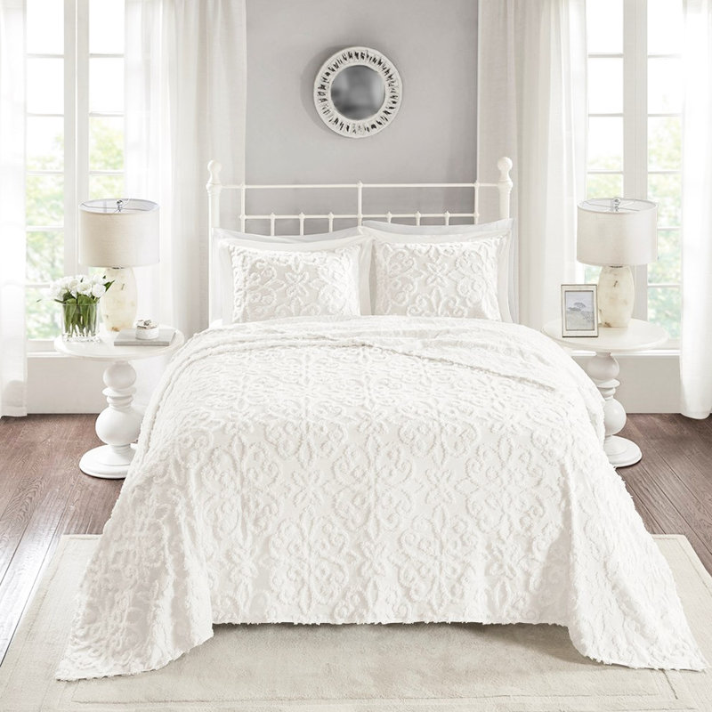 Couvre-lit en chenille de coton Shabby Chic - double / grand, 3 pièces, avec 2 taies décoratives, pièce lavable à la machine