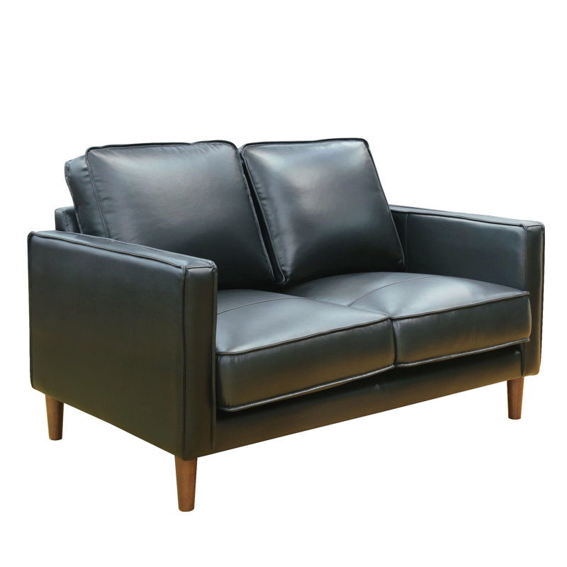 Causeuse en cuir à dessus large Armonni de 55 po | Petit canapé moderne Mid-Century, Cuir véritable noir