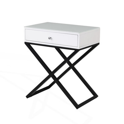 Table d'appoint, table de chevet avec plateau en verre, tiroir et base en métal