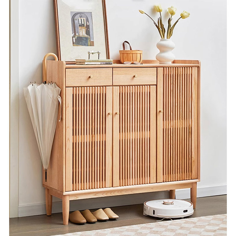43.31" Solid Wood Shoe Cabinet with Ventilated Slatted Doors, Tan