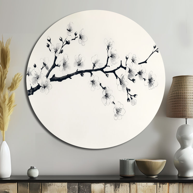 Branche de cerisier en fleurs - Impression d'art mural rond en métal - Fleurs de cerisier, H 23 po x l 23 po