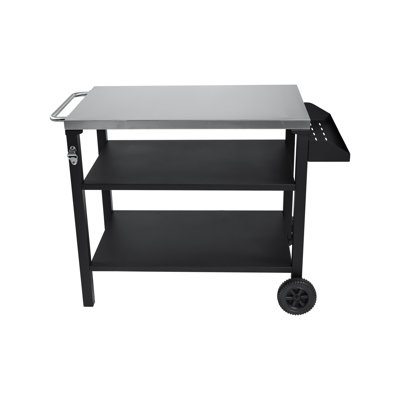 3-Tier Outdoor Grill Cart with Stainless Steel Top & Side Shelf, Movable BBQ Prep Table with Wheels, Rolling Serving Bar Cart for Patio, Backyard, Pizza Oven Stand