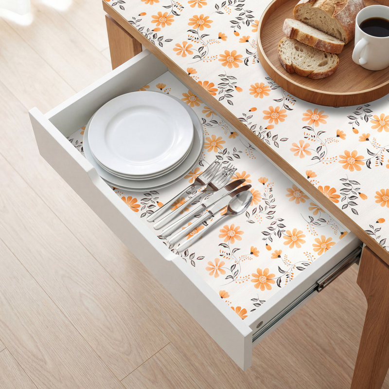 Revêtement pour étagères, revêtement antidérapant non adhésif pour placards, revêtement imperméable pour tiroirs, étagères, commodes, armoires de salle de bain, motif floral orange marguerite, 45,7 cm (l) x 243,8 cm (l)