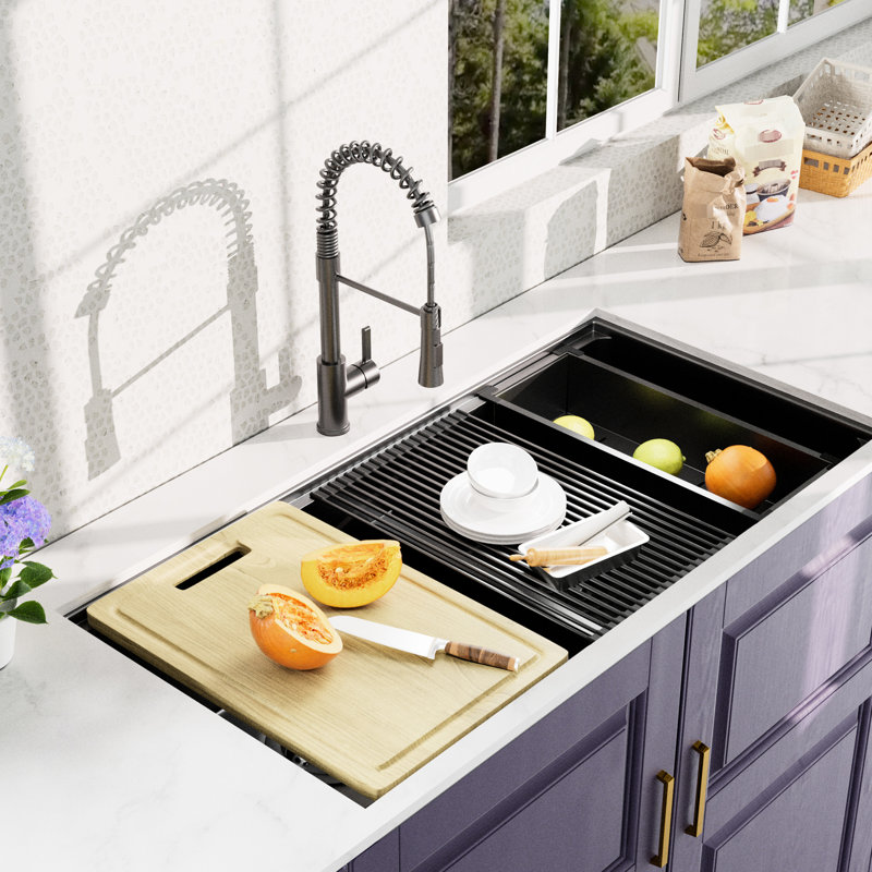 All In One Gunmetal Black Double Bowl Kitchen Sink 33X19inch - 18 Stainless Steel With Faucet, Strainer Drain, Deep Colander, Towel, Heavy Duty Workstation