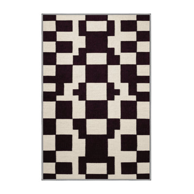 Machine Washable Checkered Brown Area Rug