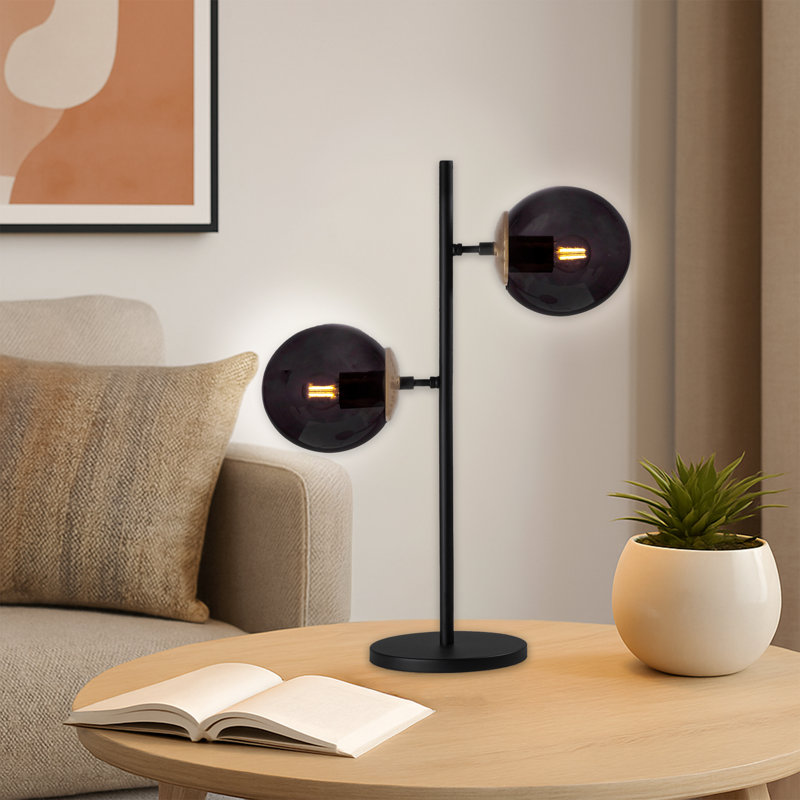 Lampe de table à culot en verre 2 lumières avec base en métal noir - Double lumière moderne, Noir, Noir / antique