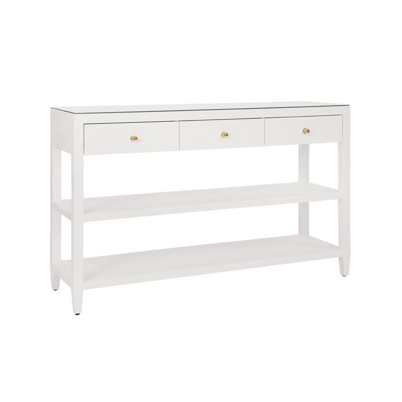 Console à trois tiroirs avec deux tablettes ouvertes et poignées en laiton poli, Blanc
