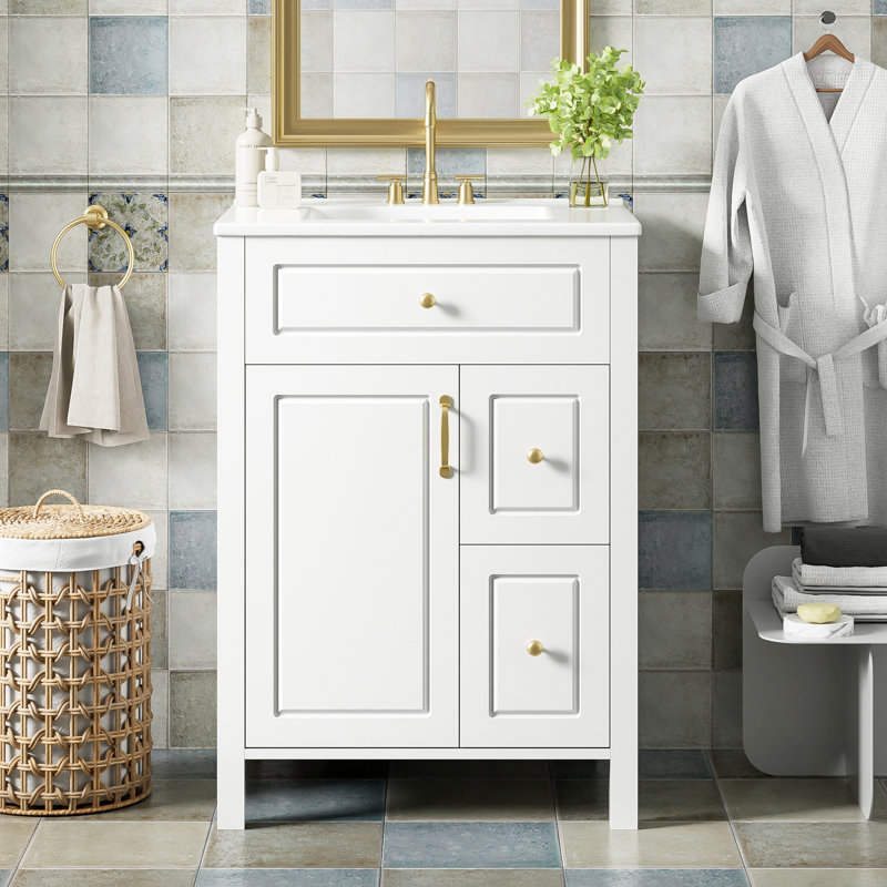 24"Bathroom Vanity With Ceramic Sink, 1 Soft-Close Door, 2 Soft-Close Drawers & Double Door Storage Racks – Compact Rustic Cabinet