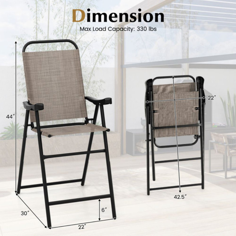 Patio Folding Bar Stool Set Of 2 With Metal Frame And Footrest, Coffee