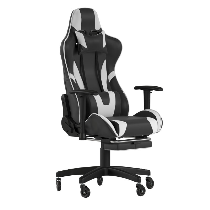Kelig Gaming Computer Chair with Reclining Back, Slide-Out Footrest, and Transparent Roller Wheels, White