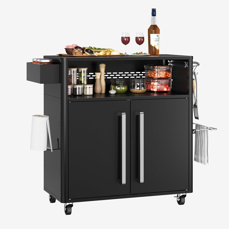 Chariot de barbecue extérieur avec armoire de rangement et roues, table de préparation pour barbecue robuste pour four à pizza et plaque chauffante