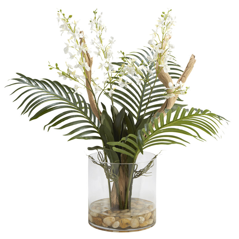 Large Ghostwood Branch With Dendrobium Orchids And Palm Fronds In Glass Dish