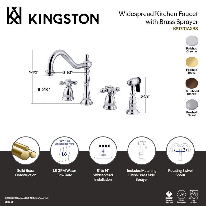 Kingston Brass Heritage Double-Handle 4-Hole Widespread Kitchen Faucet with Brass Sprayer, Brushed Nickel