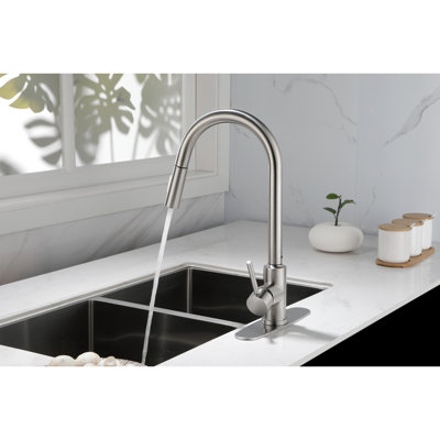 Pull Down Kitchen Faucet In Brushed Nickel - Stainless Steel, 360 Rotating Nozzle For Flexible Water Use, Single Handle Simple Temperature And Flow Control, Corrosion Finish Nickel, Steel Made,