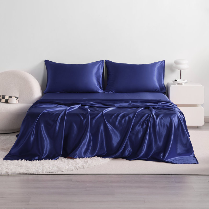 Luxury 4-Piece Satin Sheet Set - Satin Bedding Set, California King Bedspread + 4 Additional Pieces, Navy Blue