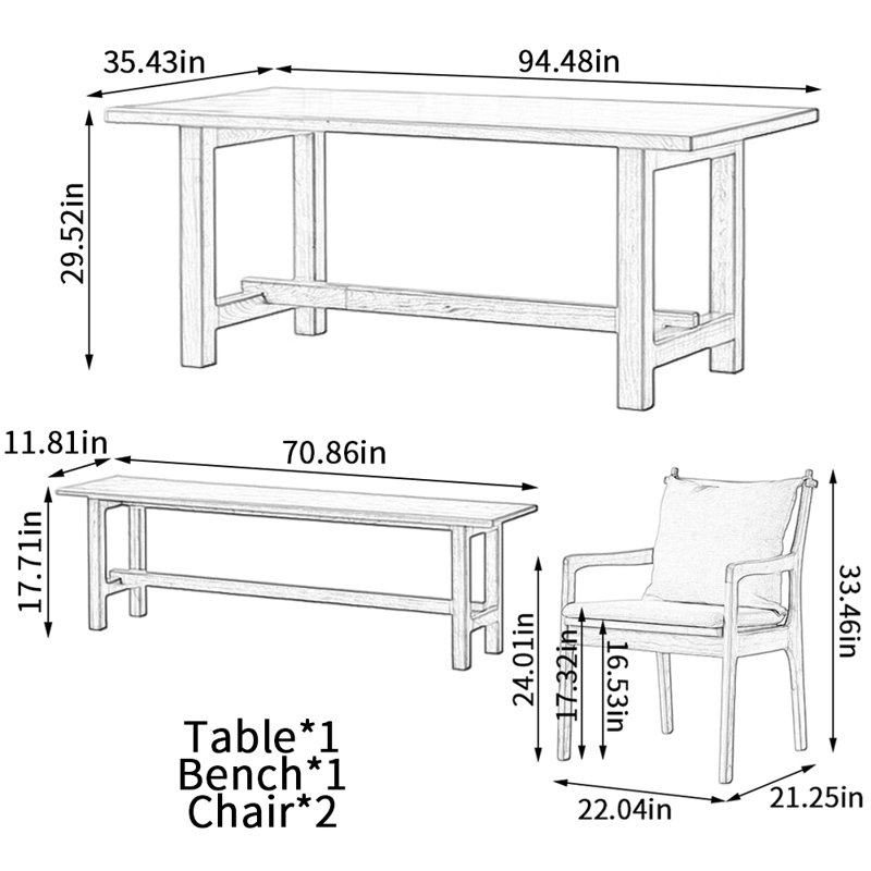 Table de salle à manger simple et durable en bois de cerisier épais, H 29,52 po x L 94,48 po x l 35,43 po