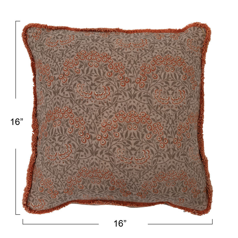 Metallic Floral Pattern Square Pillow with Eyelash Fringe
