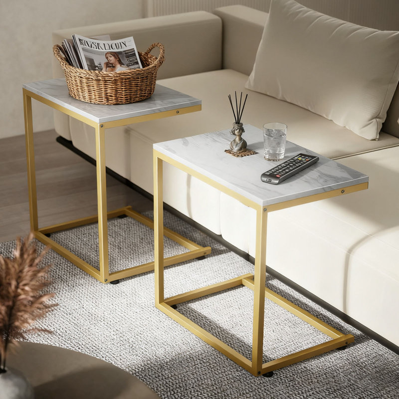 Tables de bout modernes en forme de C, surface en bois et structure en métal robuste (ensemble de 2)