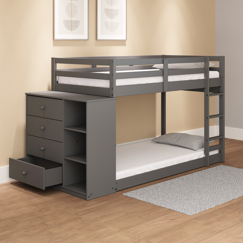 Lit superposé simple / gris avec 4 tiroirs et 3 compartiments ouverts, système de lattes, garde-corps fixe et facile d'accès, sans sommier ni matelas, fait de lit en pin, gris, tiroirs, côtés en métal