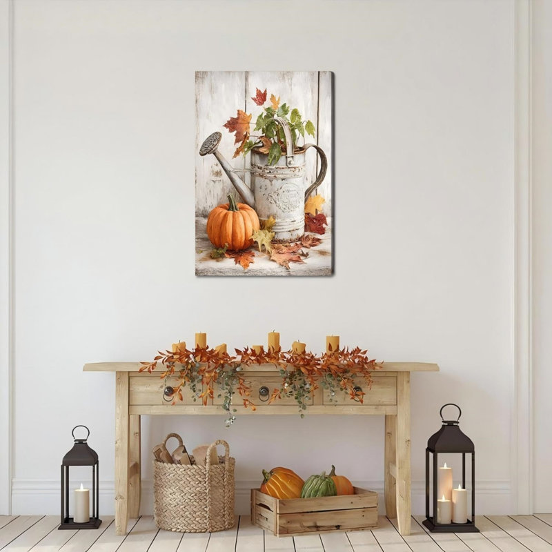 Citrouille et arrosoir, feuilles d'automne, art mural 24 po x 32 po