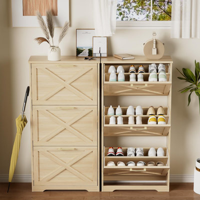 Slim Shoe Cabinet With Flip Drawers, 3-Tier Freestanding Shoe Organizer For Entryway, Hallway, Living Room, Natural Wood Finish