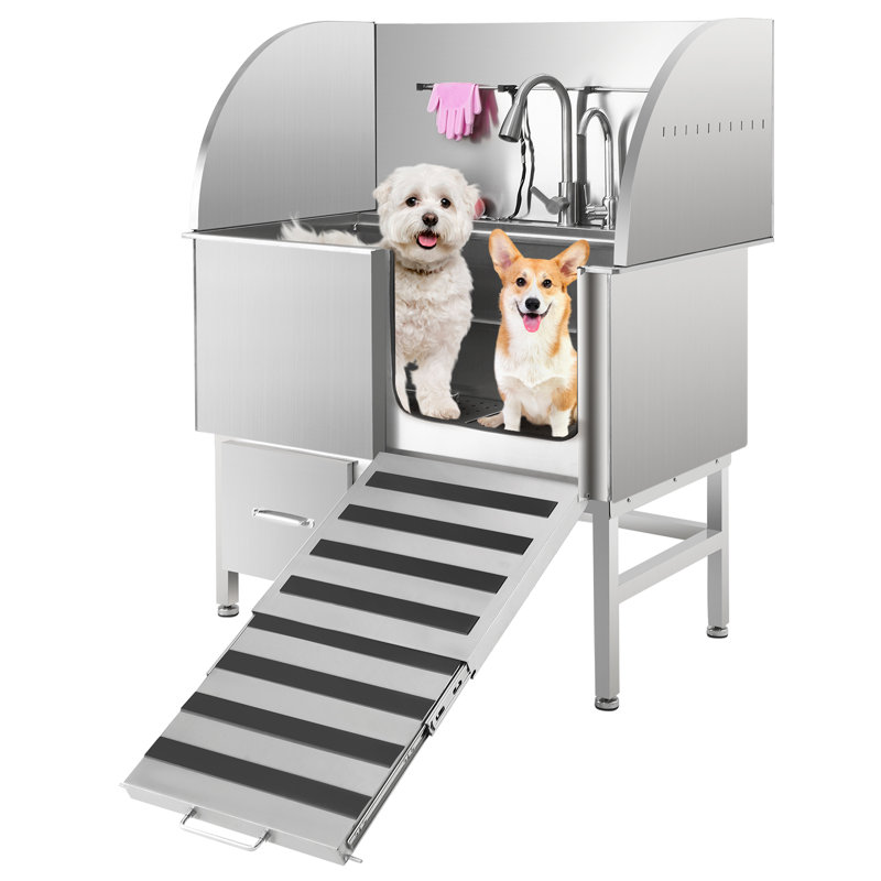 50" Stainless Steel Pet Grooming Tub with Foldable Ramp and Storage Drawer, Professional Pet Washing Station with Accessories (Right-Side Door)