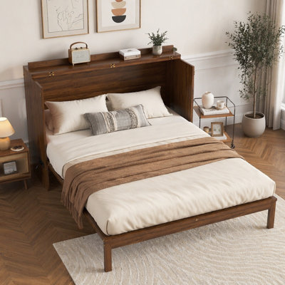 Murphy Bed Cabinet with Charging Station Rattan Decoration and Storage Drawer