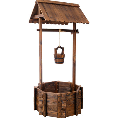 Outdoor Rustic Wooden Well Planter With Hanging Bucket And Shade Adornment, 25X25x53, Brown Wishing For Patio, Garden, Yard, & Sun Protection