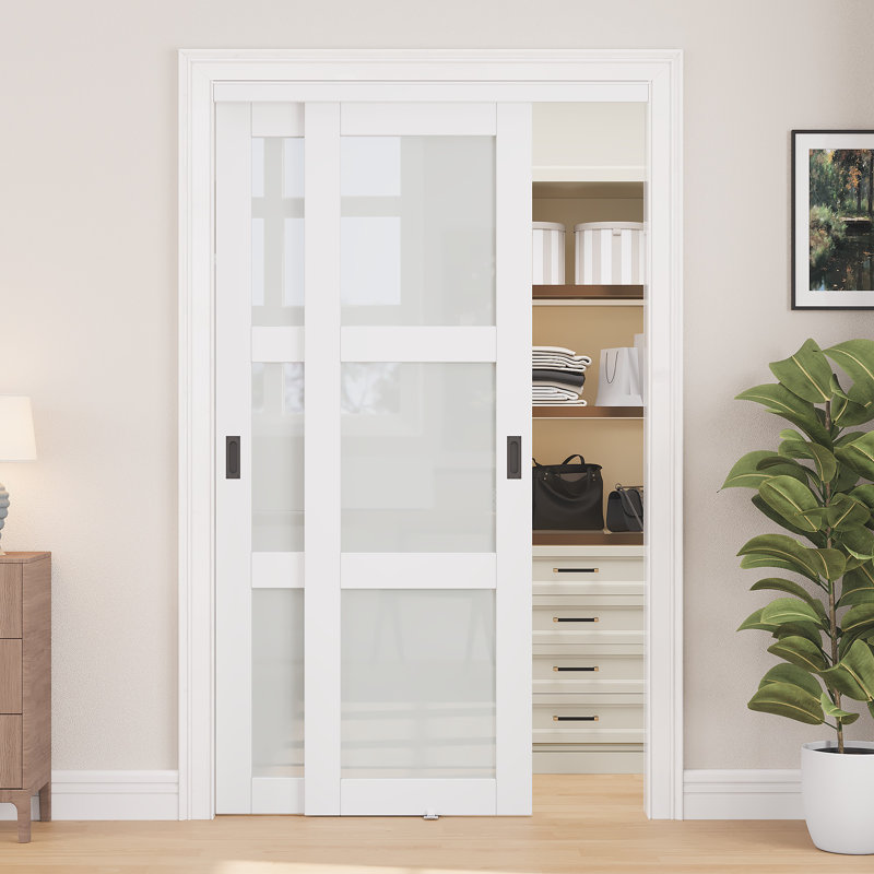 Porte coulissante en verre trempé givré 3-Lite 80 po H 3 po avec quincaillerie, 48" x 80"