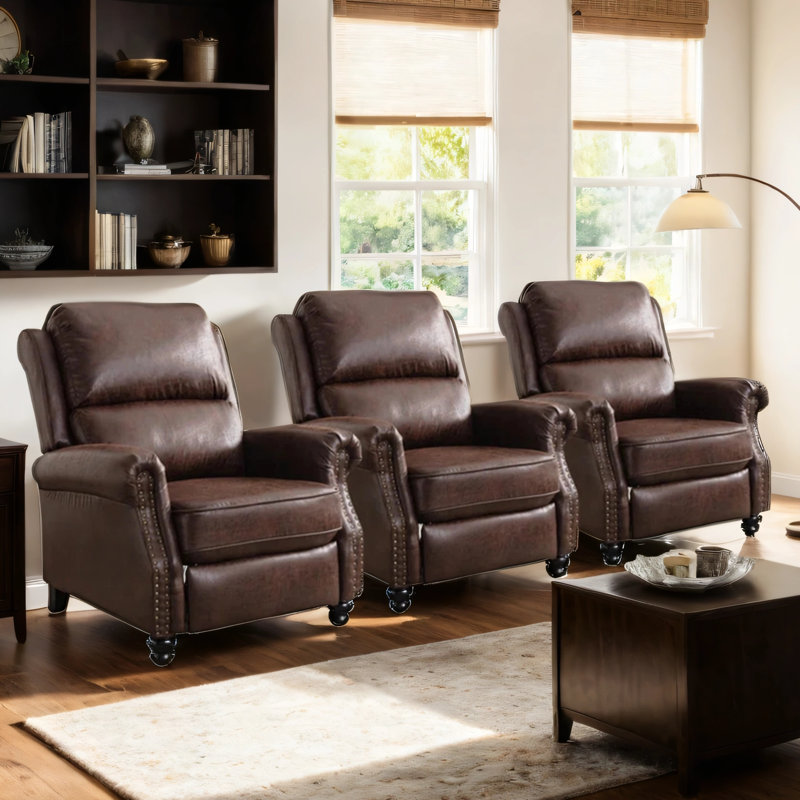 Fauteuil inclinable en cuir végétalien souple et rembourré de 34,6 po de largeur avec garniture cloutée (ensemble de 3)