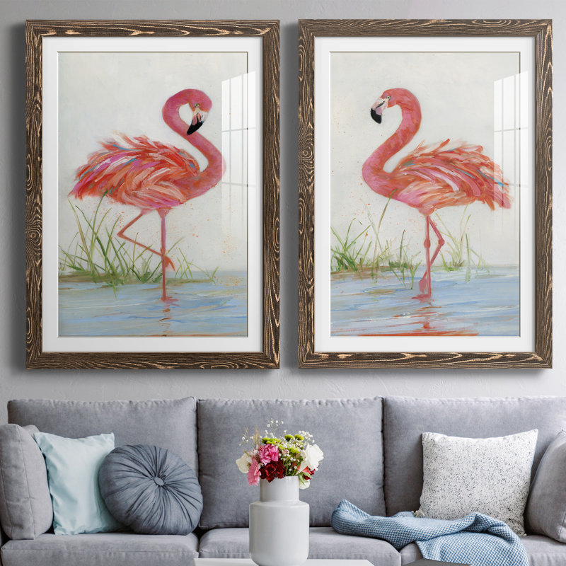 Flamingo I - ensemble de 2 peintures, H 24 po x l 36 po, Papier dans un cadre photo, Noyer