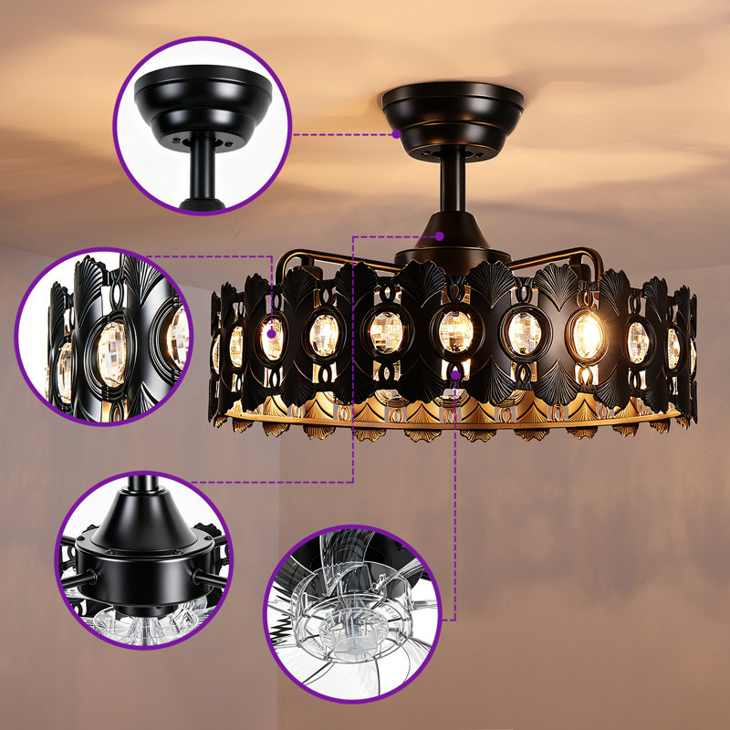 17.8" 7-Blade Glam Crystal Black Metal Cage Ceiling Fan with Light, Reversible DC Motor, Remote Control, Height Adjustable