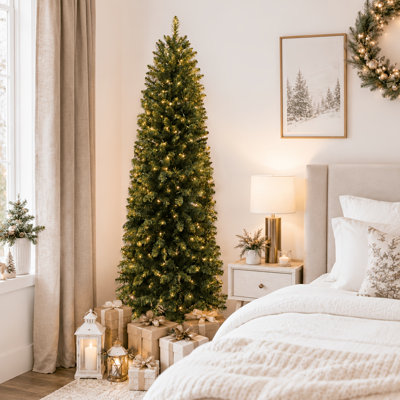 Sapin de Noël artificiel pré-illuminé de 1,35 à 2,75 m, sapin noble élancé, avec [110/165/220/275/330/495] lumières DEL blanc chaud, [330/462/715/770/913/1 342] extrémités de branches en PVC, idéal pour les petits espaces et la décoration d'angle, support métallique pliable