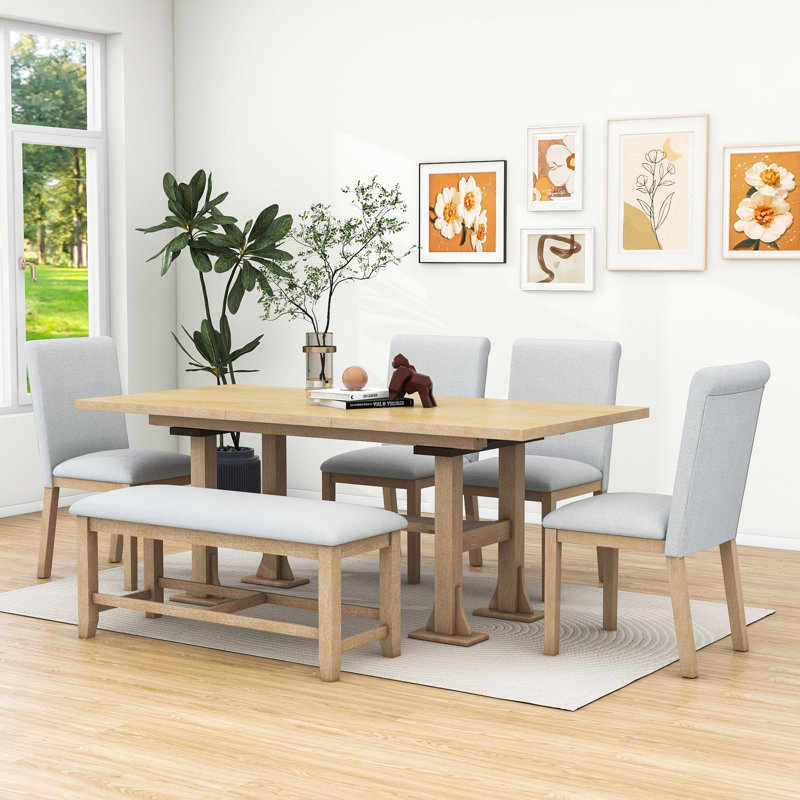 6-Piece Extendable Dining Table Set with Removable Leaf and Upholstered Dining Chair and Bench, Light Grey, Light Grey