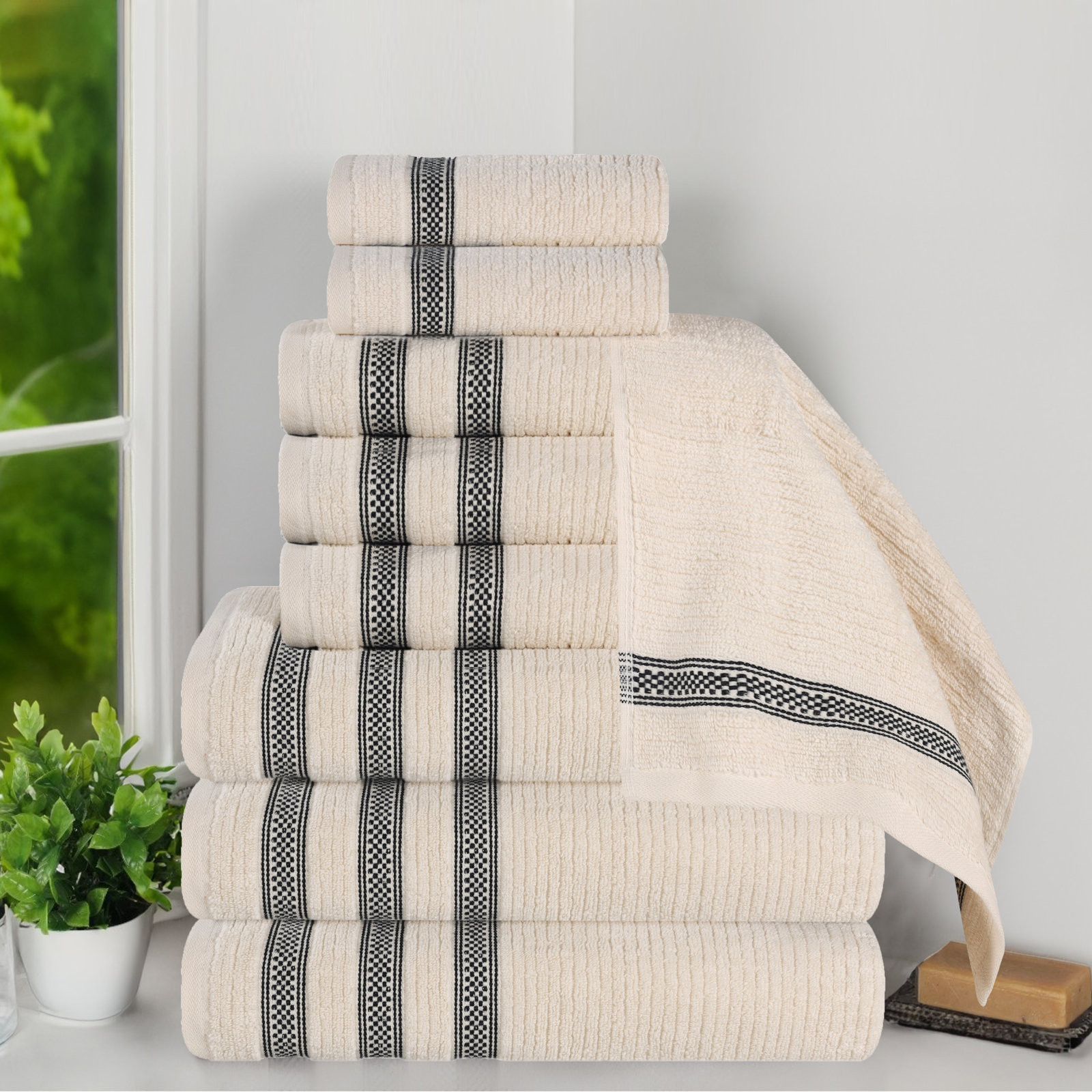 9-Piece Geometric Zero-Twist Cotton Towel Set, Ivory, 9PCs set: (3 Face, 3 Hand & 3 Bath towels)