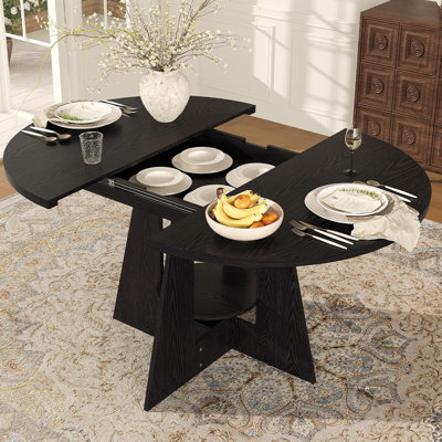 Extendable Dining Table, 43.3"-59" Round to Oval Kitchen Table with Storage Shelf, Wood Pedestal Base, Space-Saving Dining Room Table