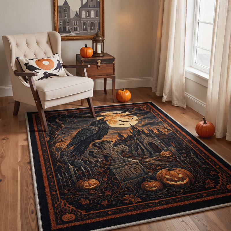 Tapis cimetière d'Halloween, noir et orange, lavable à la machine, à poils courts, antidérapant, Round 5'