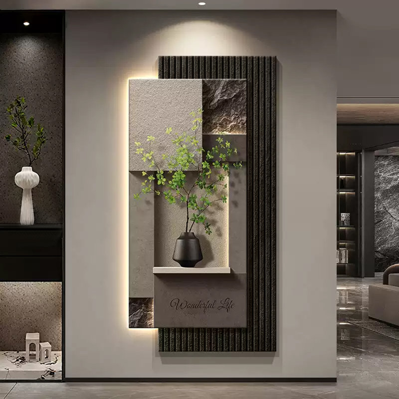 Luxury Sensor 3d Sandstone Led Wall Art: Geometric Entryway Decor, Black/Gray/Green, 70.87" H x 35.43" W x 3.94" D