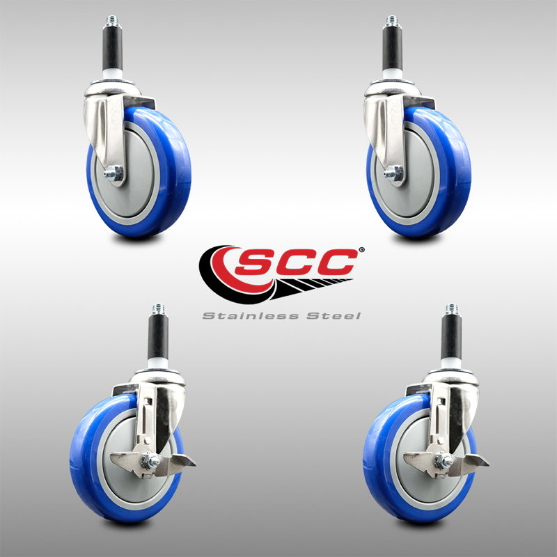 Ensemble de roulettes extensibles 5 pouces en polyuréthane bleu 316SS 7/8 pouces 2 roues SCC