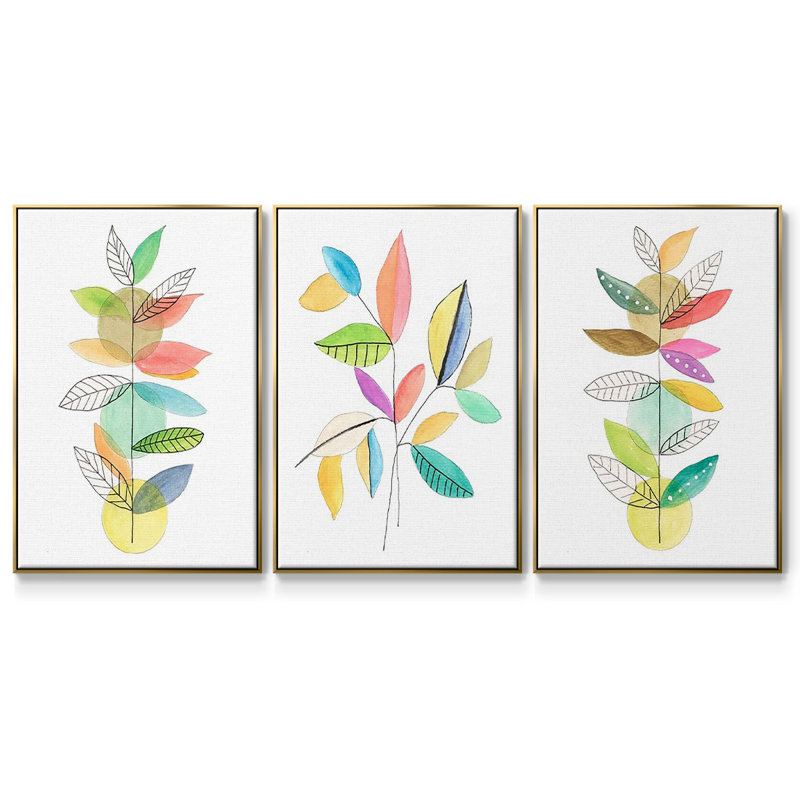 Moon Rising Leaves I, ensemble de 3 toiles encadrées sur toile, H 27 po x l 54 po, Or