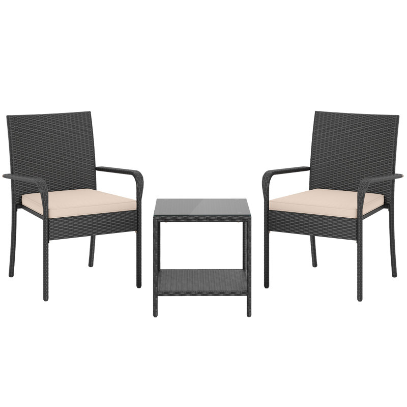  3 Piece Patio Furniture Set Outdoor Wicker Chair & Table Set w/ Seat Cushions Beige, Beige